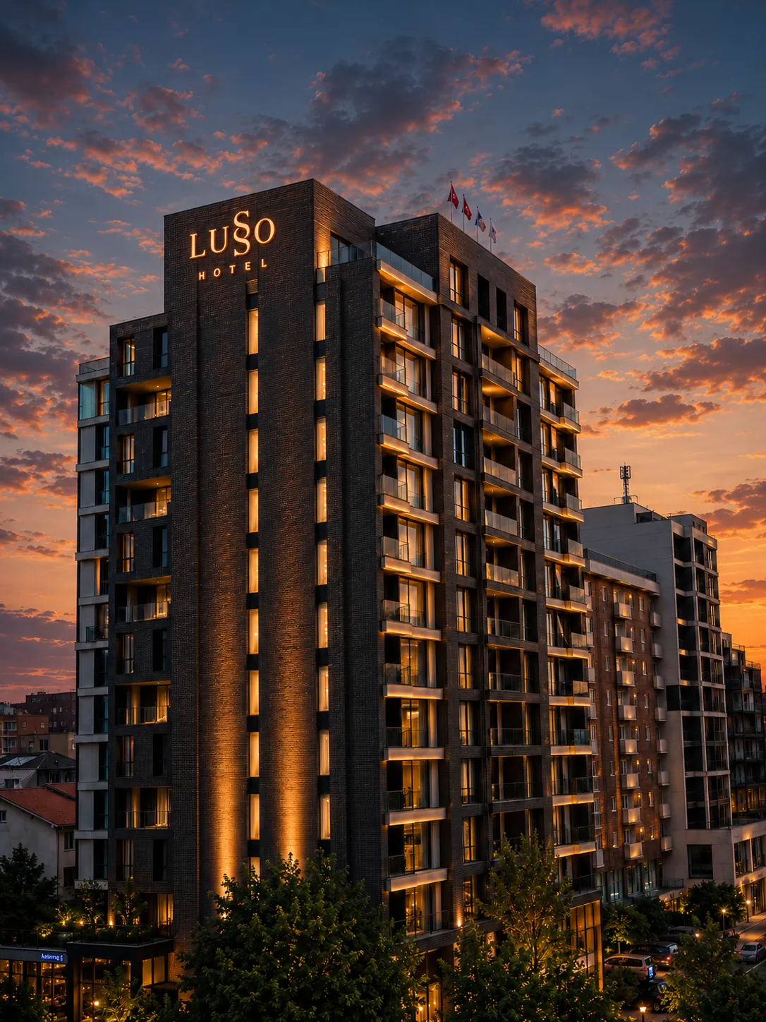 IVY Tower at dusk in central Prishtina, with the Lusso Boutique Hotel sign lit on the top floors