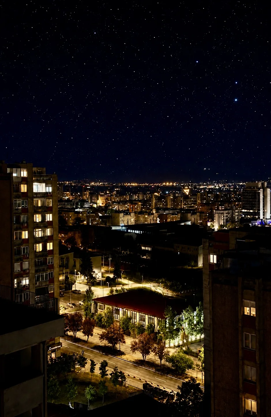 Prishtina at night seen from the top floors of a hotel in the city centre